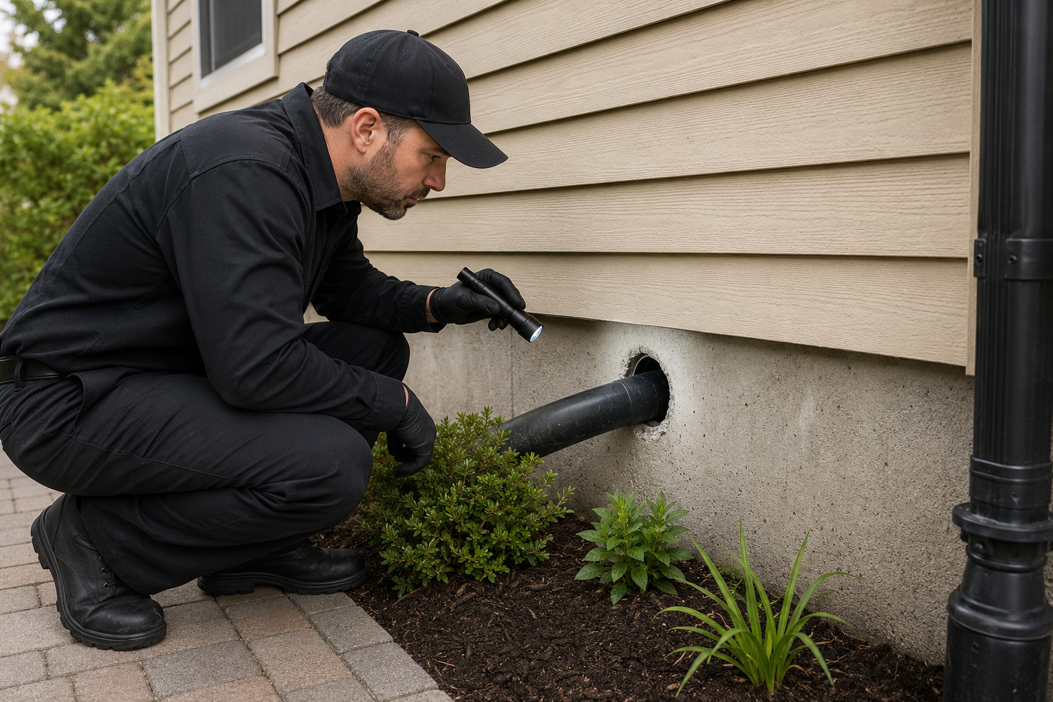 Technician evaluating a potential rat entry point near a residential foundation