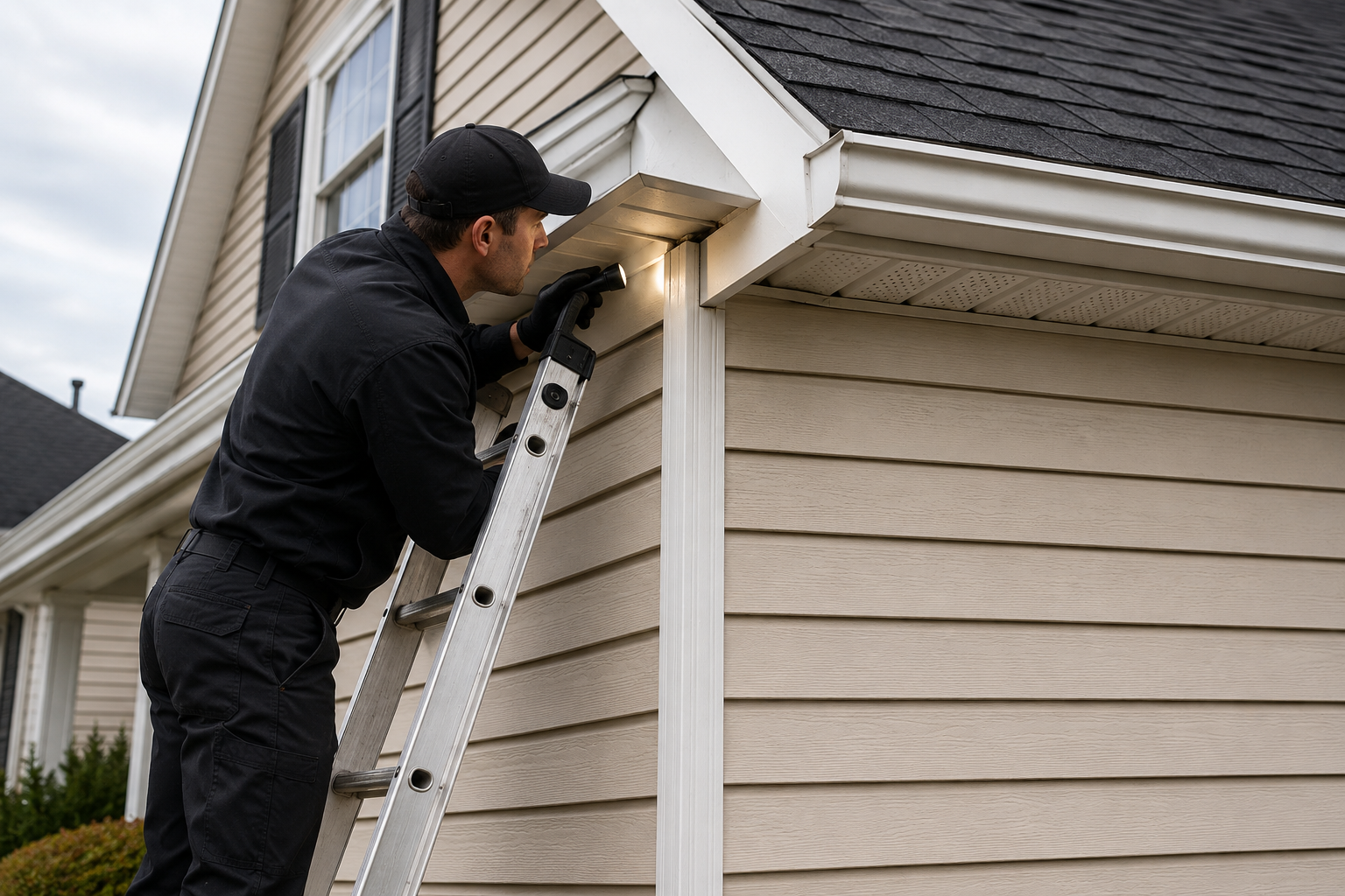 Technician in a plain black uniform inspecting a soffit and fascia transition for a possible mouse entry point